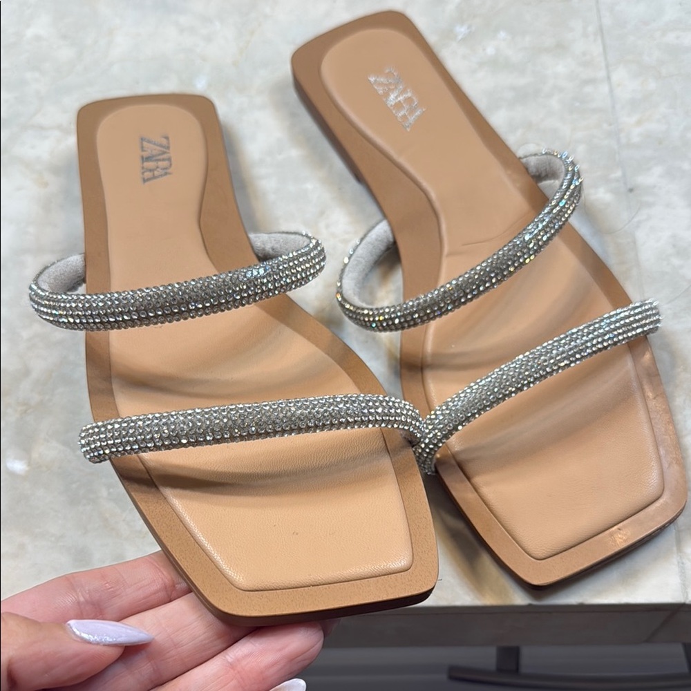 Zara Women's Tan Sandals with Silver Accents